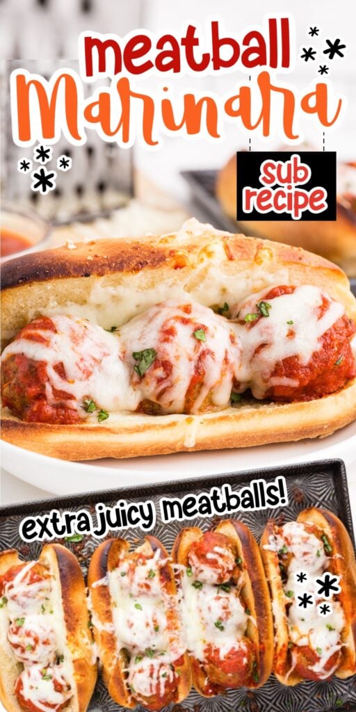 Meatball Marinara Sub openface, showing the meatballs and cheese inside, with text overlay.