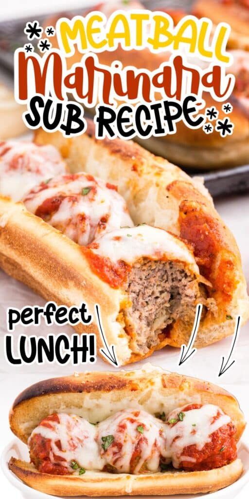 Meatball Marinara Sub openface, showing the meatballs and cheese inside, with text overlay.