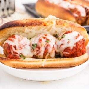 Meatball Marinara Sub openface, showing the meatballs and cheese inside.