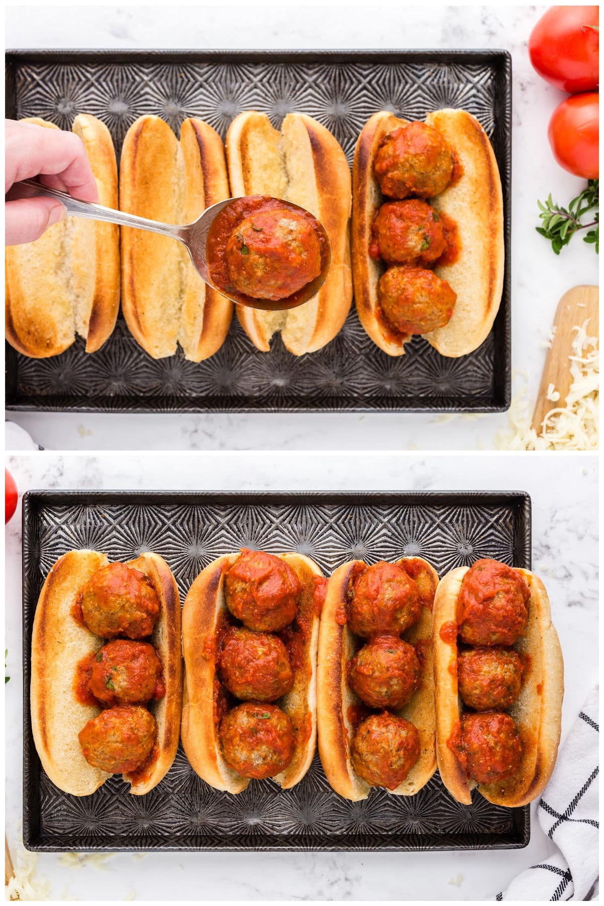 Filling the bread with the meatballs.