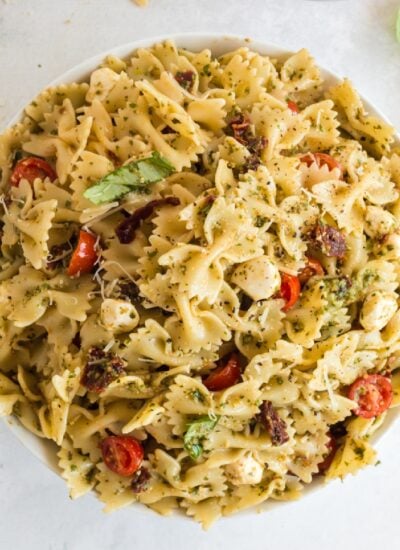 Large bowl of Pesto Caprese Pasta Salad.