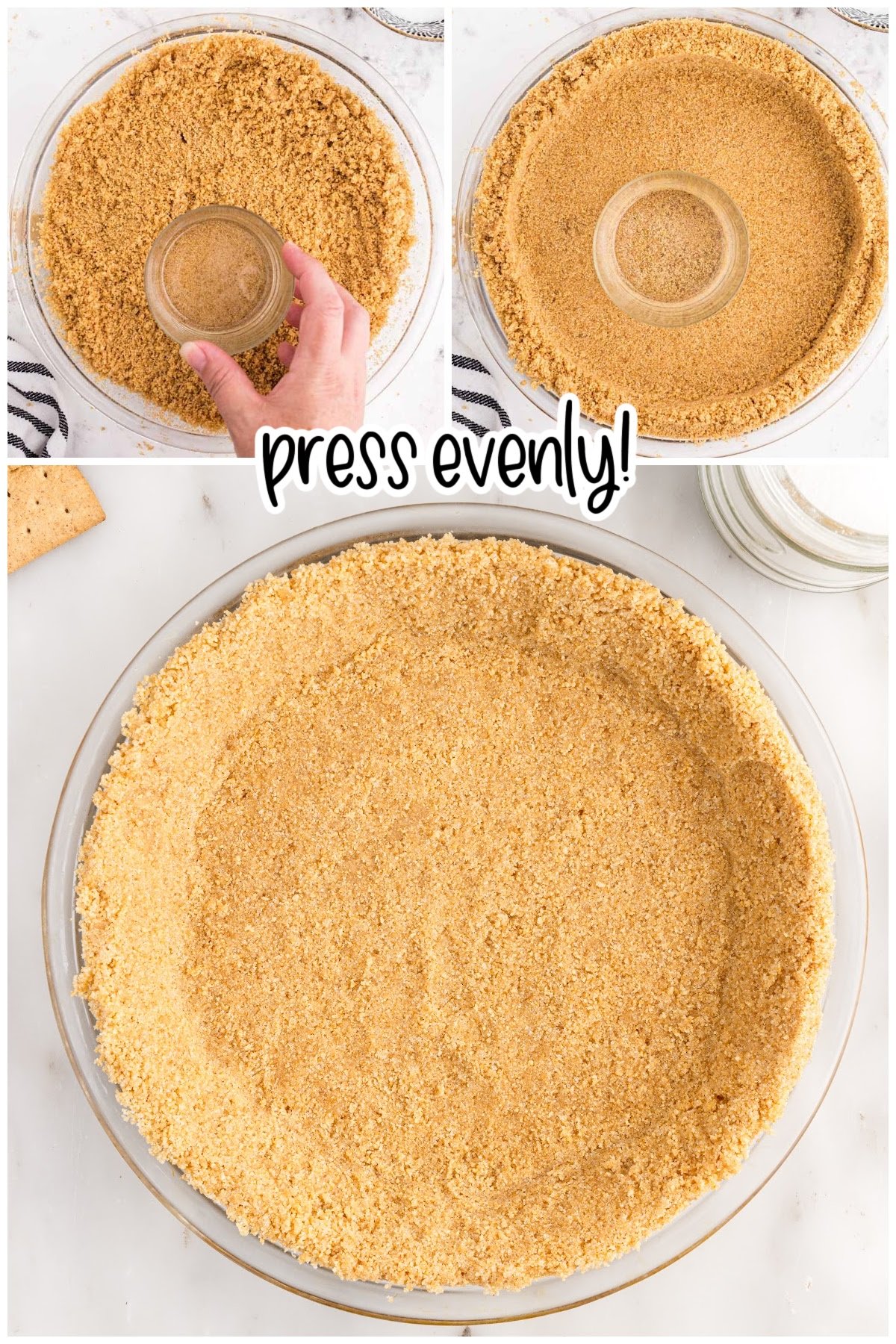 Pressing the graham cracker mixture into a pie pan to make the crust.