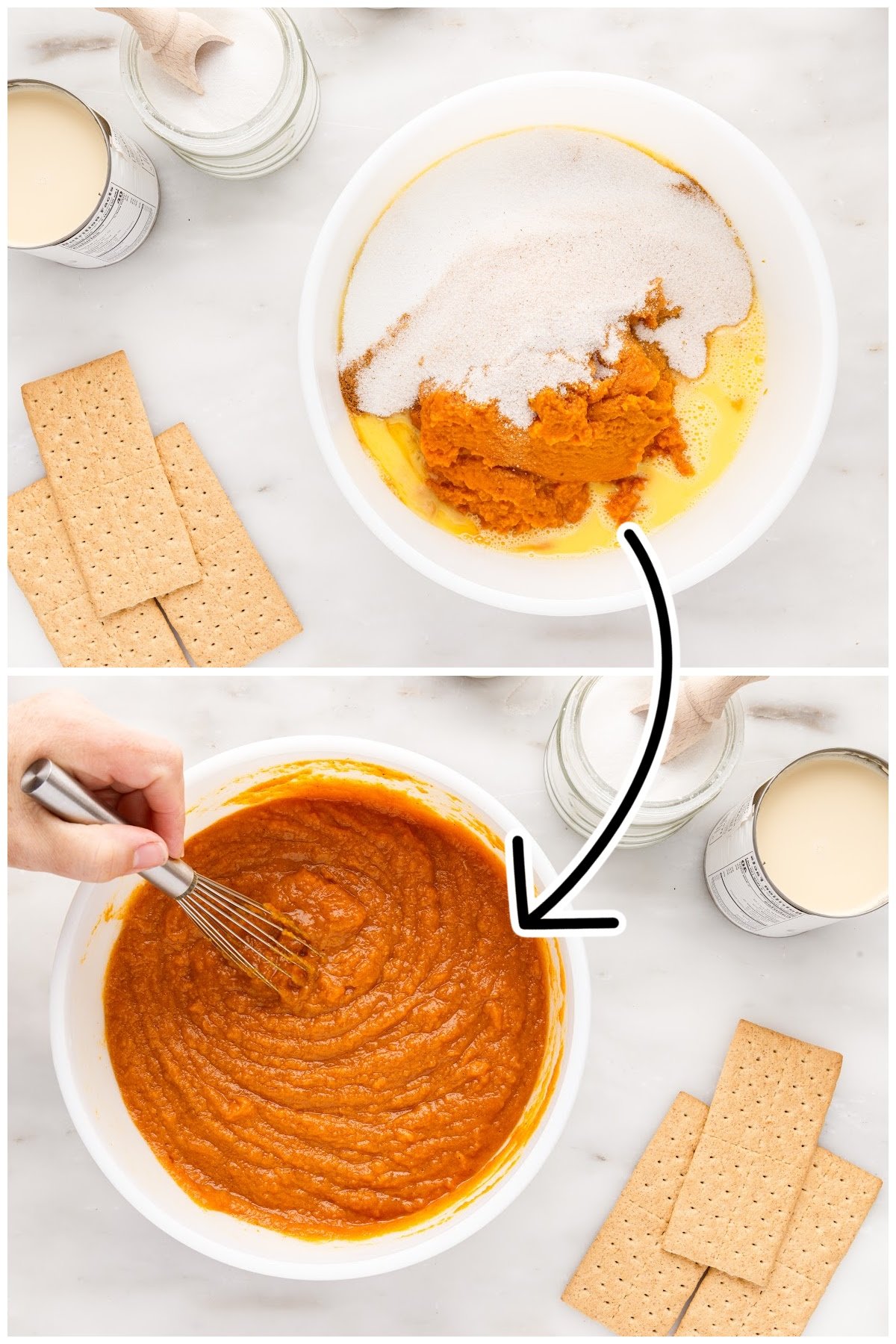 Whisking all of the pumpkin pie filling ingredients together in a mixing bowl.