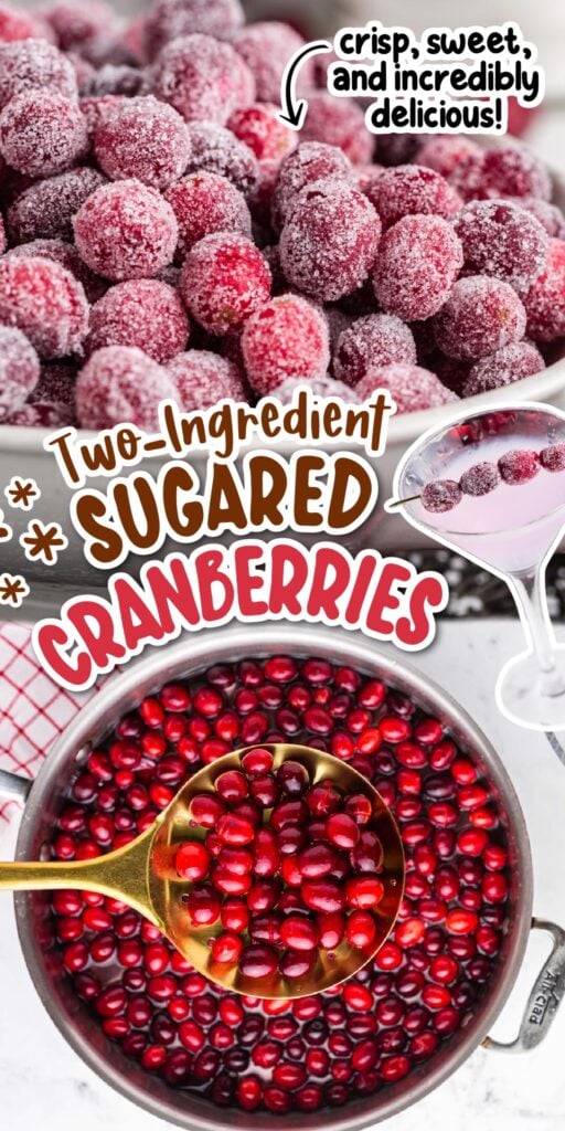 Bowl of Sugared Cranberries, with text overlay.