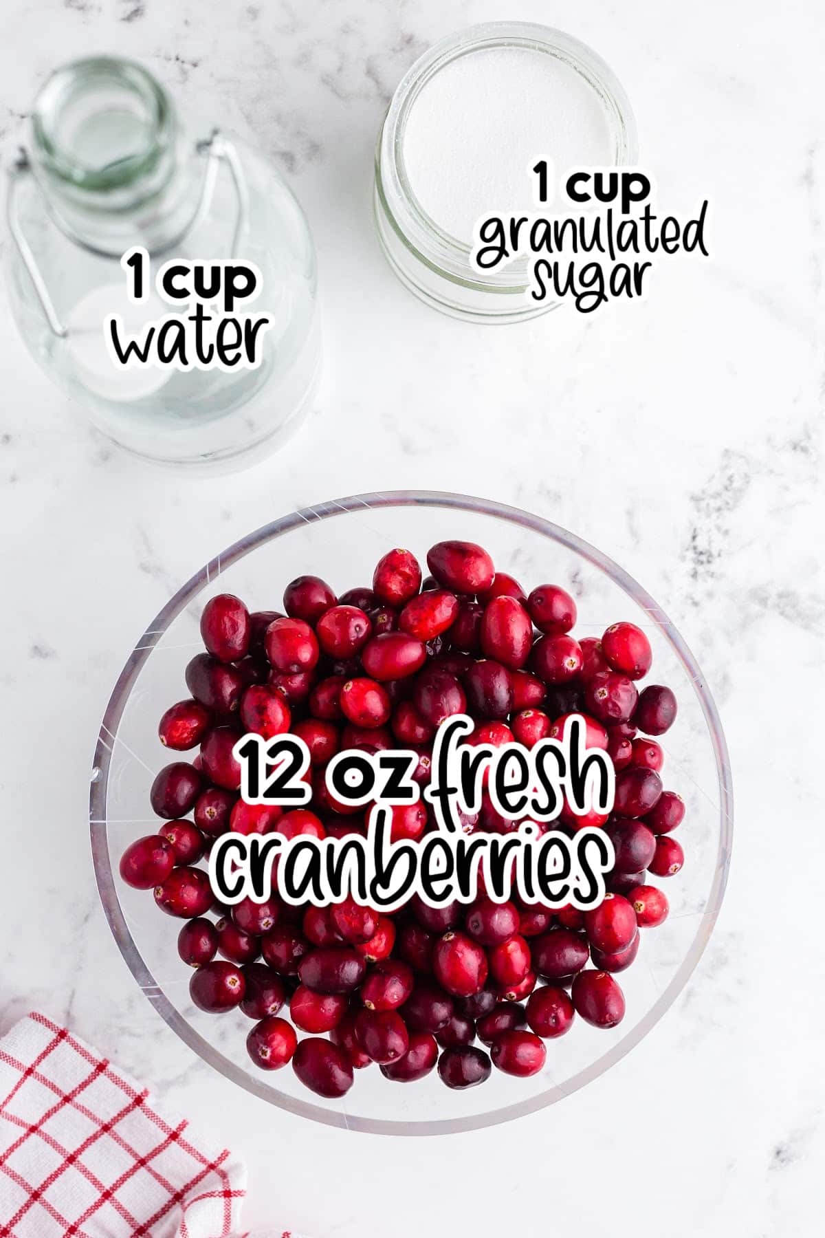 Ingredients on the counter to make sugared cranberries, with text overlays.