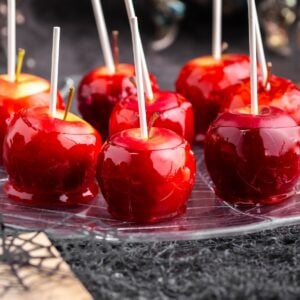 Candy Apples on the counter, ready to eat.