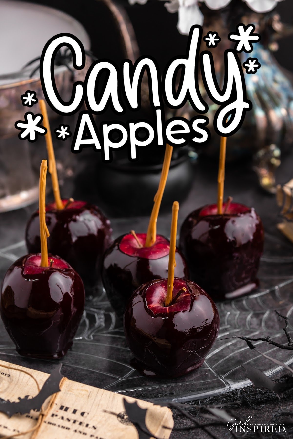 Candy Apples on the counter, ready to eat, with text overlay.