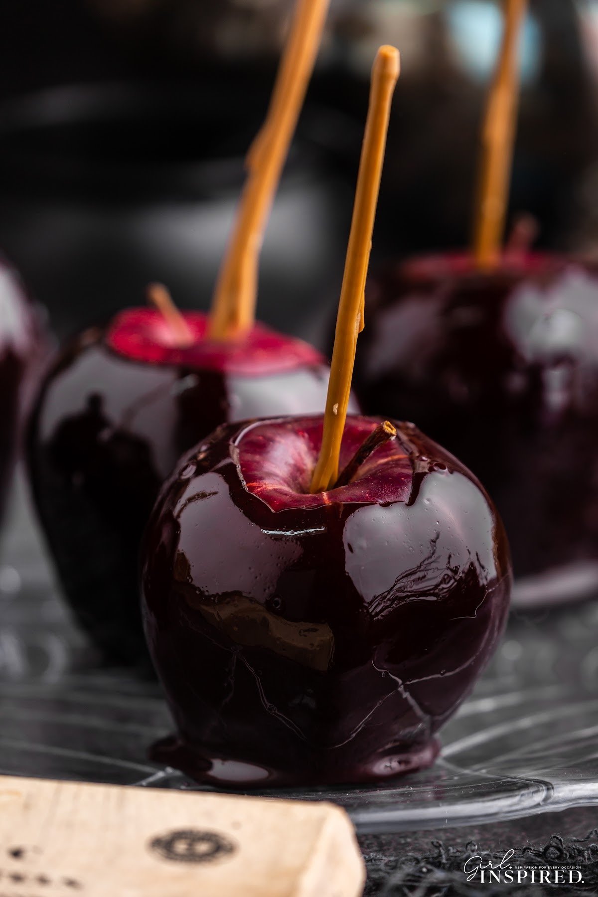 Close up of a candy apple.