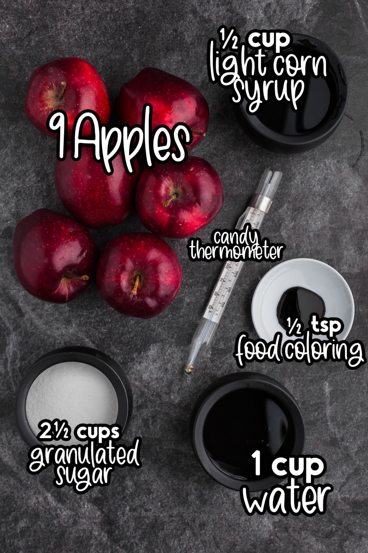 Ingredients on the counter to make this apple treat, with text overlays.