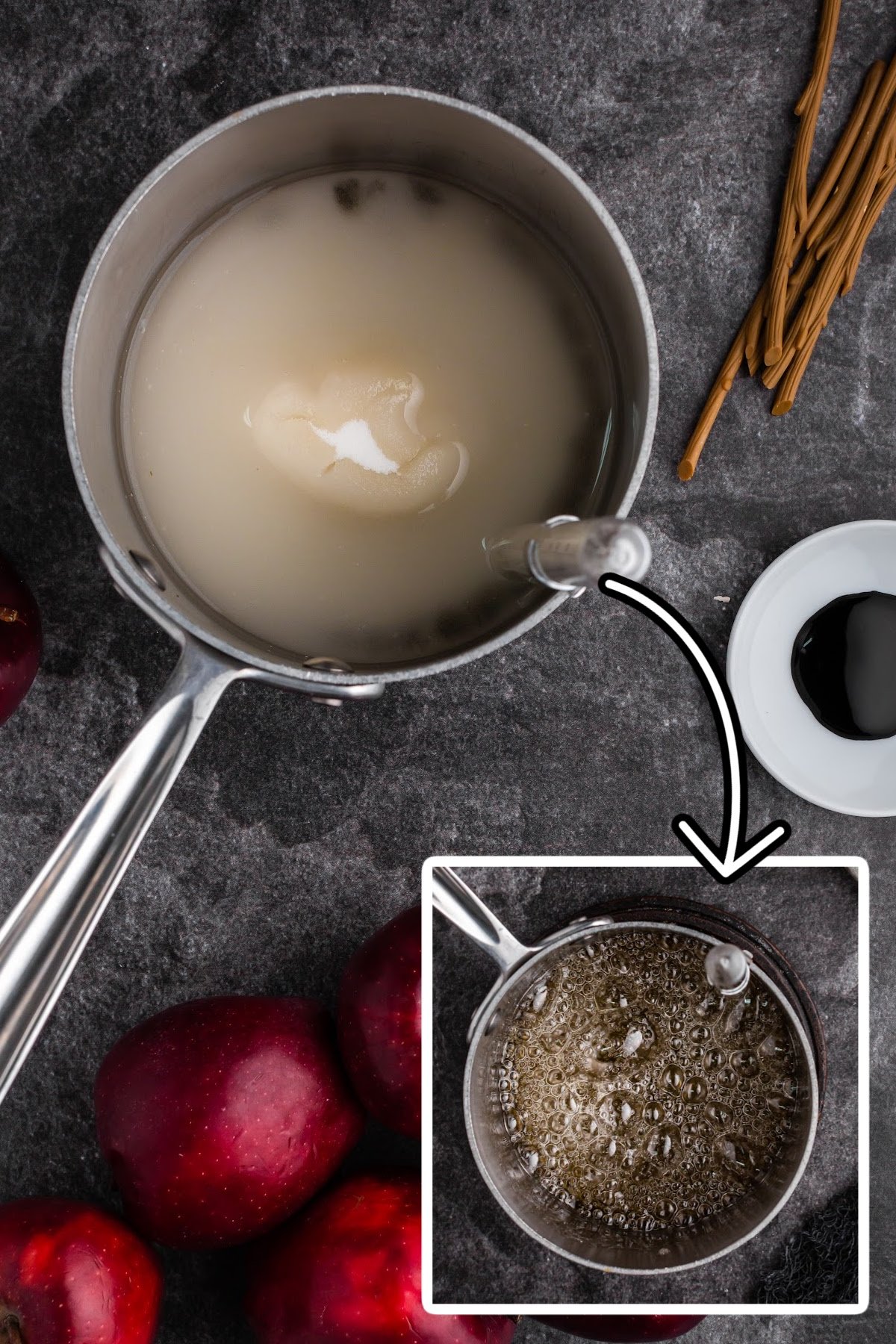 Mixing all ingredients together, minus the food coloring, in a sauce pan.