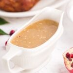 Gravy boat filled with Gluten Free Turkey gravy.