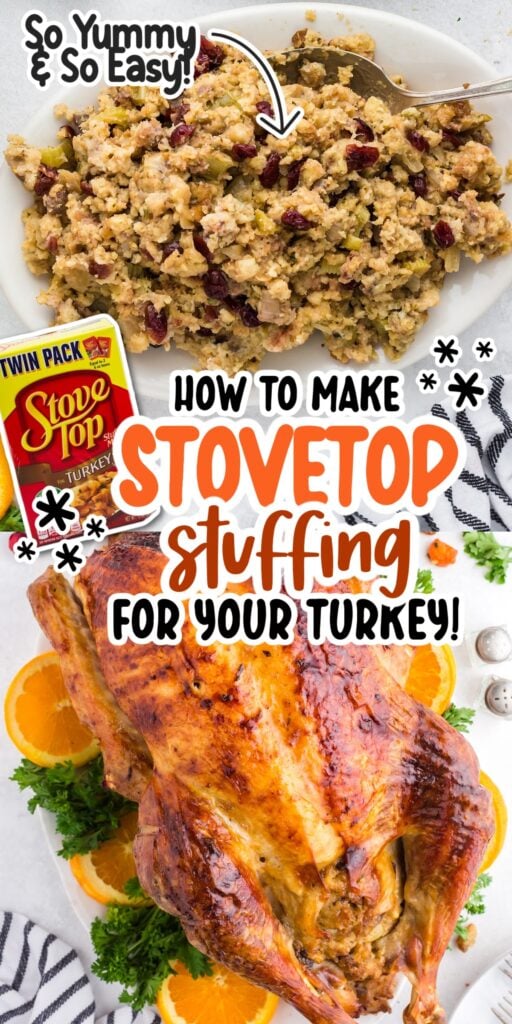 A roasted turkey and a bowl of Thanksgiving Stovetop Stuffing on the counter, with text overlay.