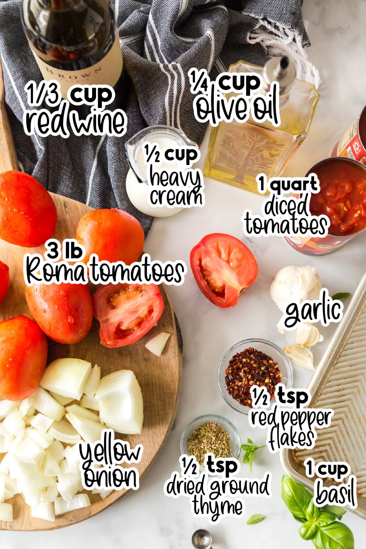 All ingredients on the counter to make this bisque, with text overlays.