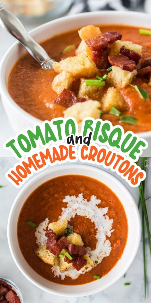 close up of a bowl of Tomato Basil Bisque with croutons and toppings, with text overlay.