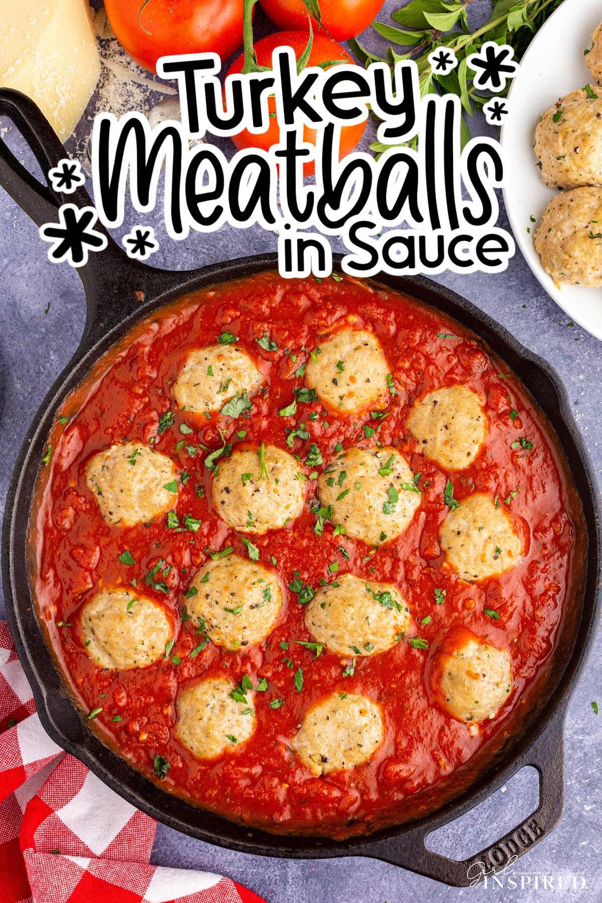 Skillet of Turkey Meatballs in sauce, with text overlay.