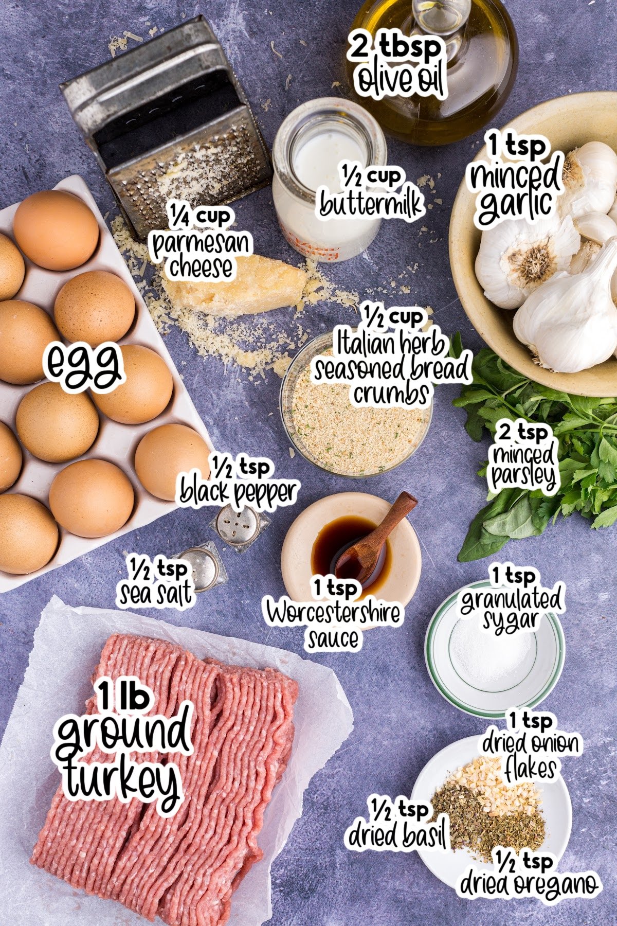 Ingredients on the counter to make these meatballs, with text overlays.