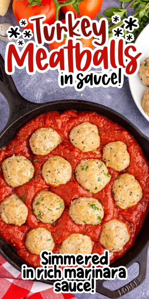 Skillet of Turkey Meatballs in sauce, with text overlay.