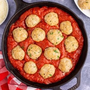 Skillet of Turkey Meatballs in sauce,