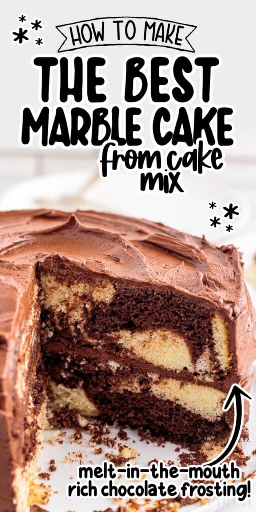 Marble Cake on a platter, with a slice out of it, showing the marbling.