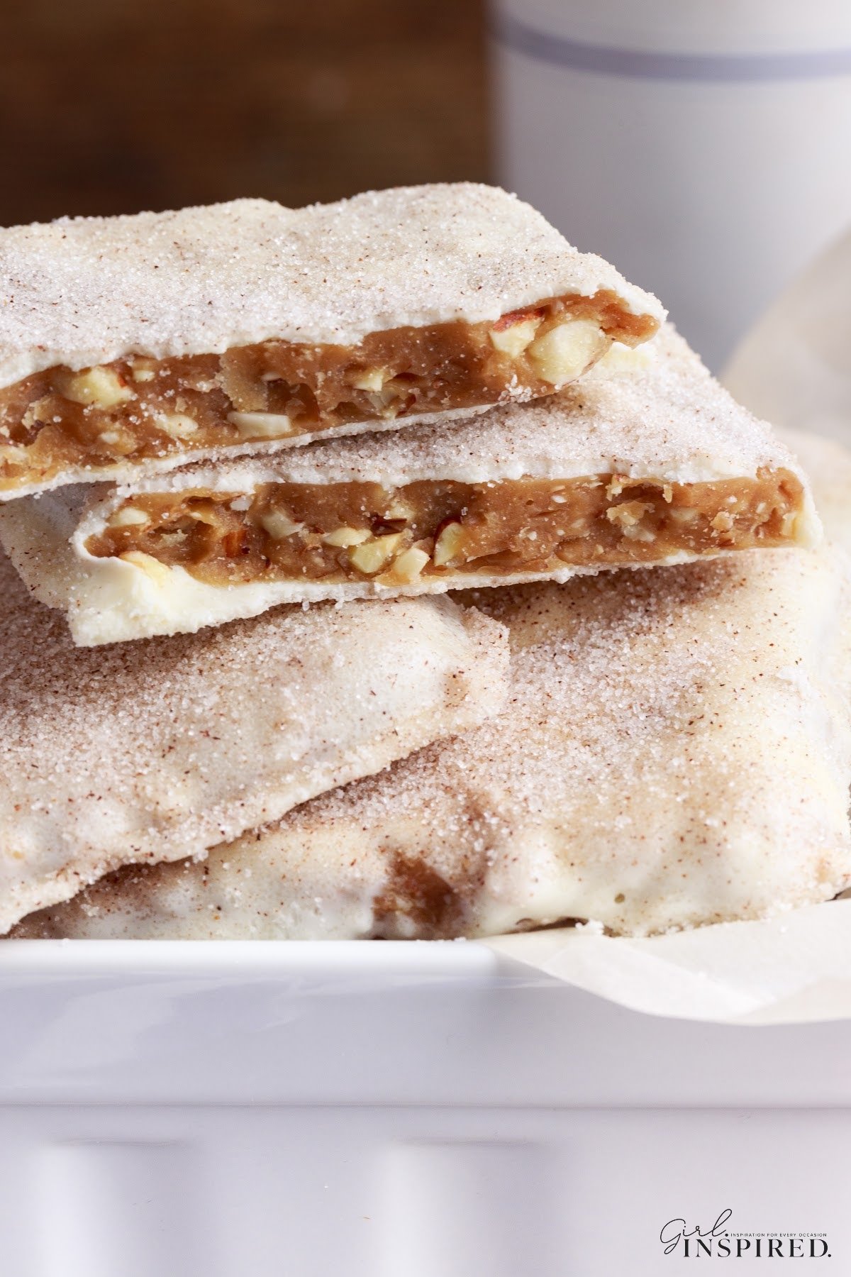 Stack of Churro Toffee, with one cut in half so you can see the insides.