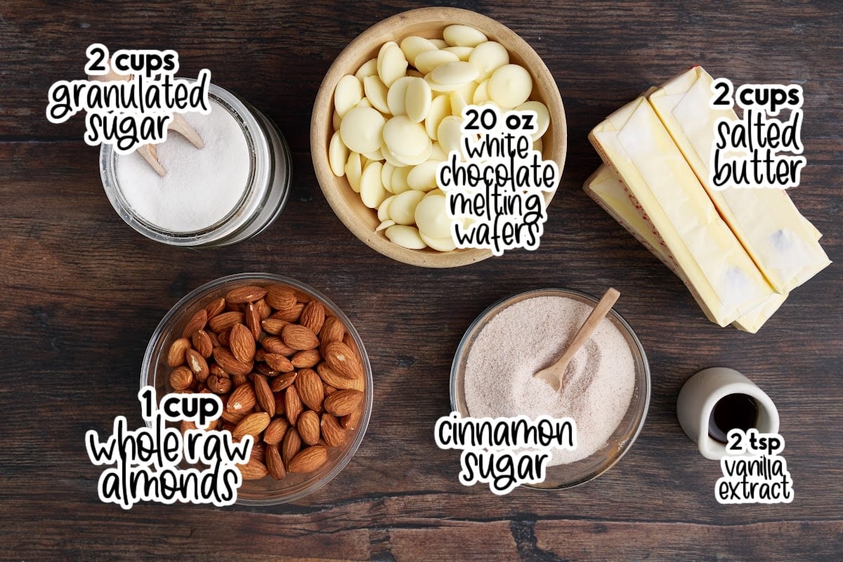 Ingredients to make this toffee in small bowls, with text overlays.