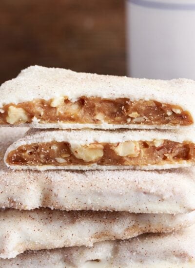 Stack of Churro Toffee, with one cut in half so you can see the insides.