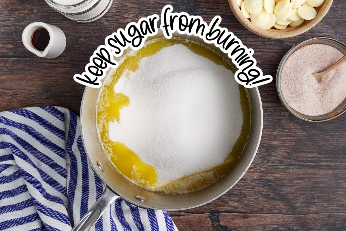 Cooking the butter and sugar in a pan.