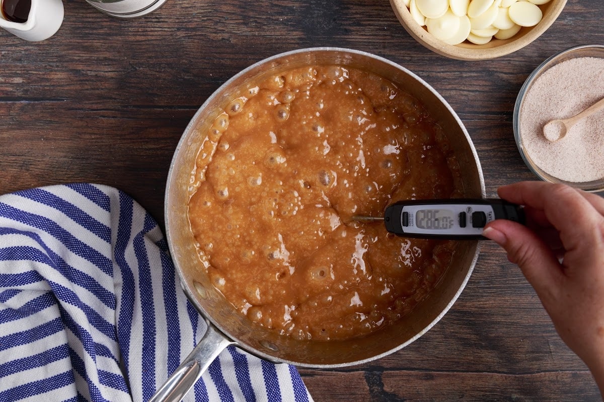 Candy thermometer in the butter and sugar mixture.