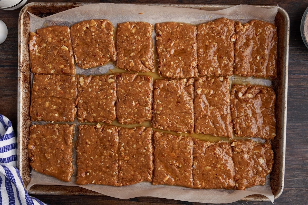 Fully cut toffee and placing in the freezer.