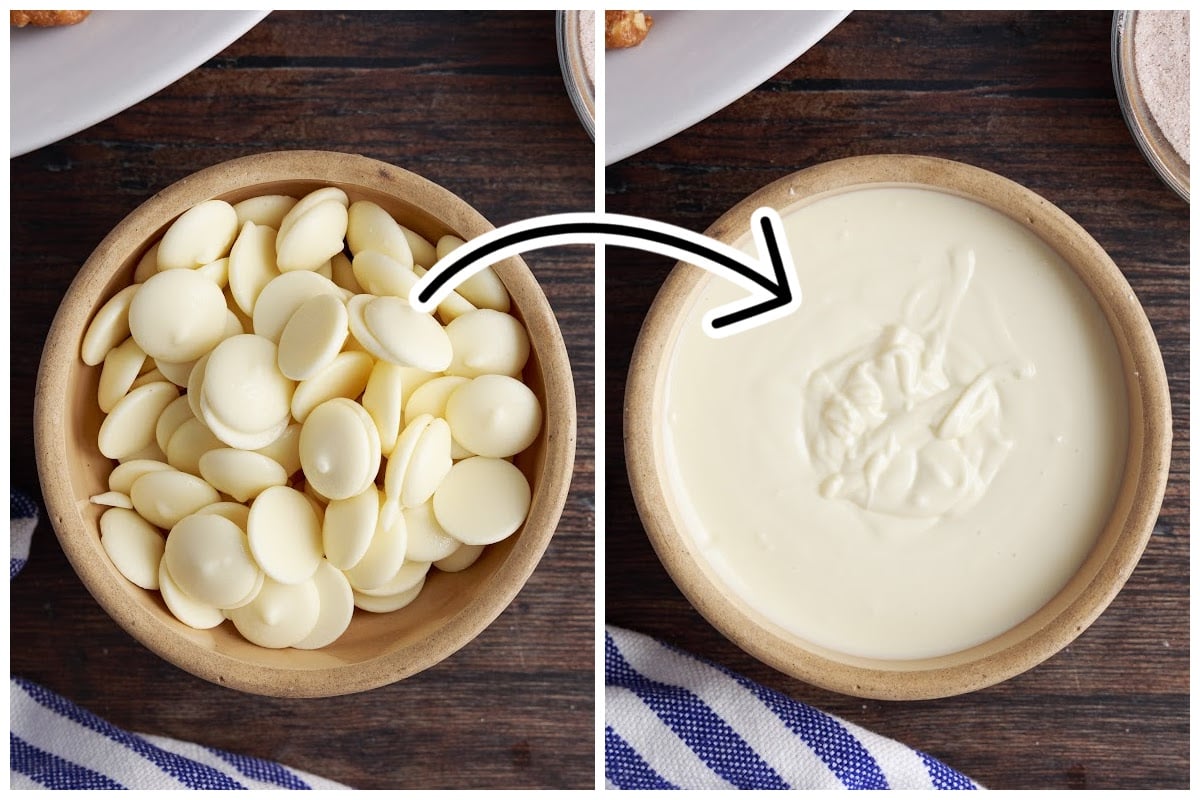 melting the white chocolate to coat the toffee.