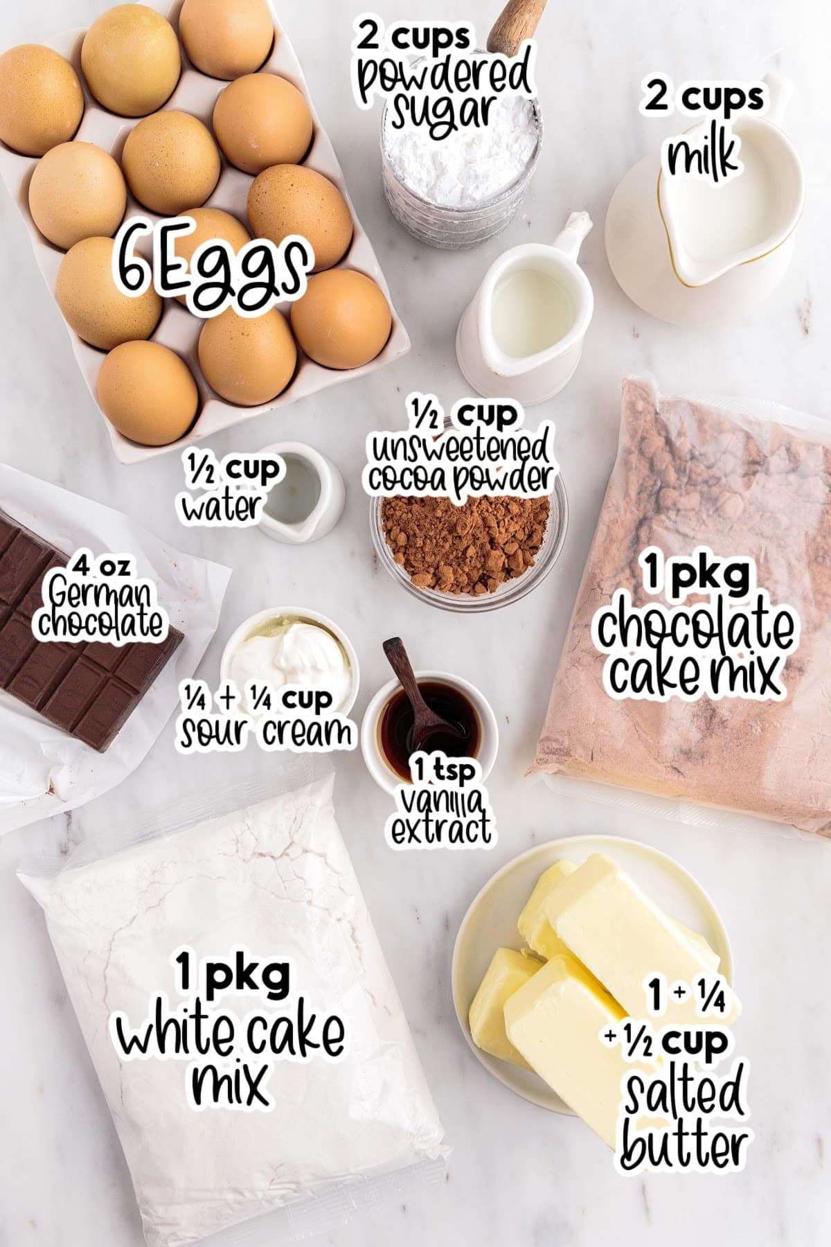 Ingredients to make this cake on the counter in bowls, with text overlays.