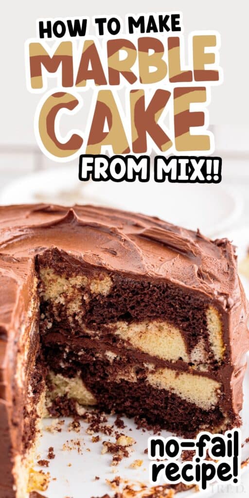 Marble Cake on a platter, with a slice out of it, showing the marbling.