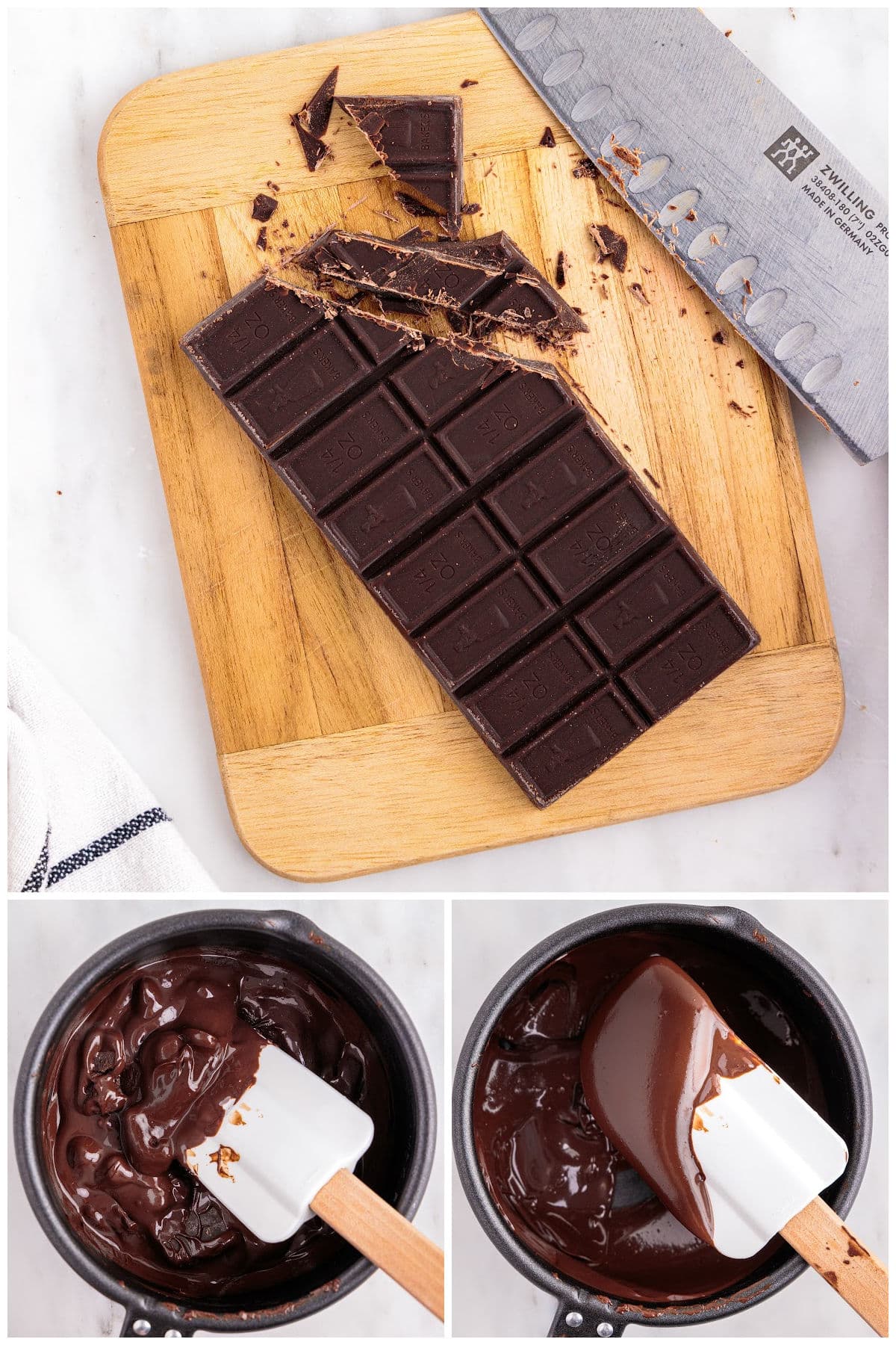 Cutting the chocolate and melting in a pan.