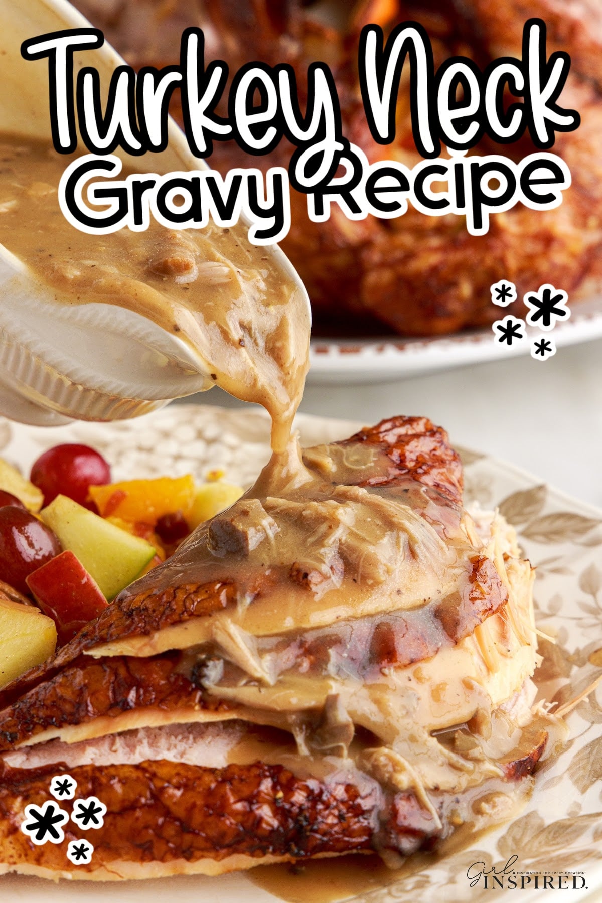 Turkey Neck Gravy poured over slices of roasted turkey, with text overlay.