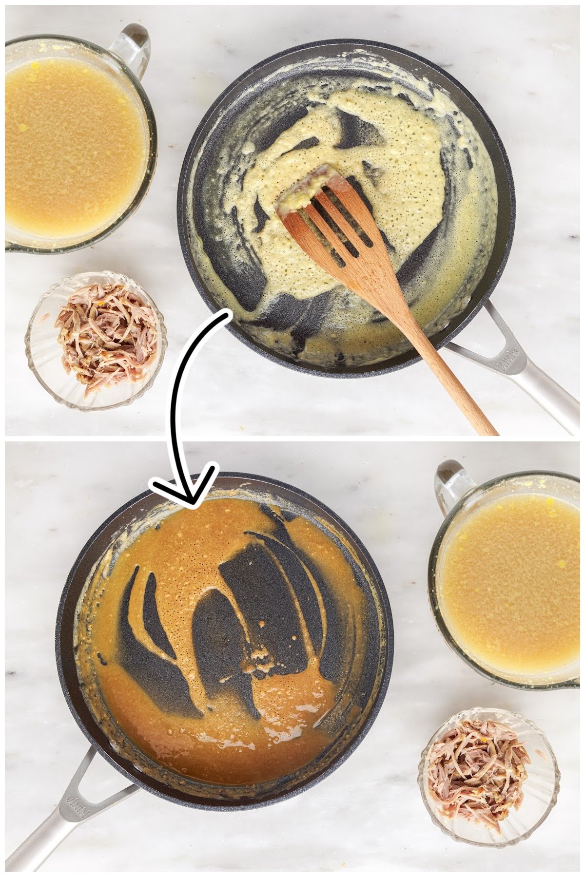 Melting butter in a pan and mixing in flour to thicken.