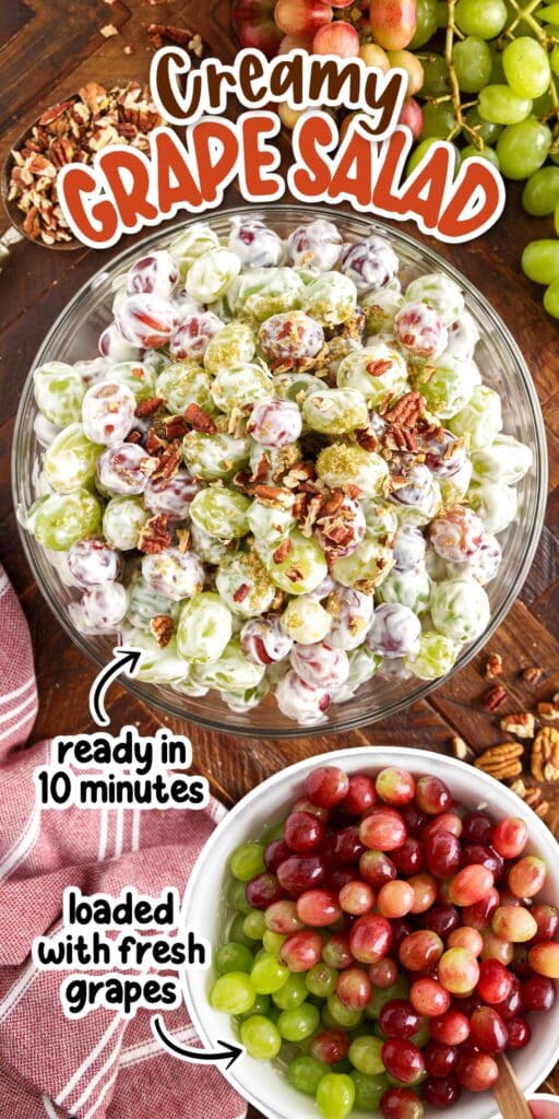 Bowl of Creamy Grape Salad with text overlay.