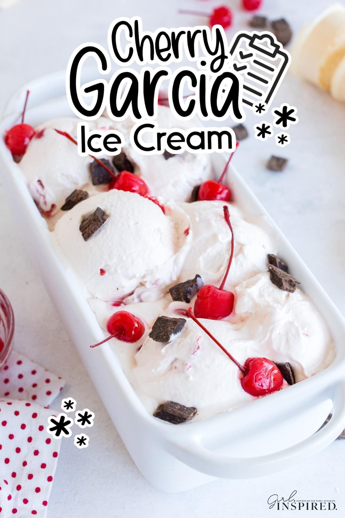 Homemade cherry garcia ice cream with text overlay.