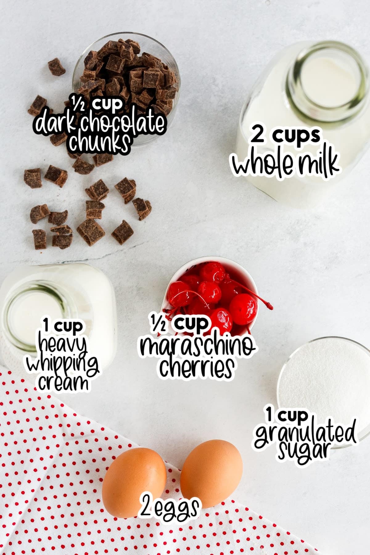 Ingredients needed to make homemade cherry garcia ice cream.
