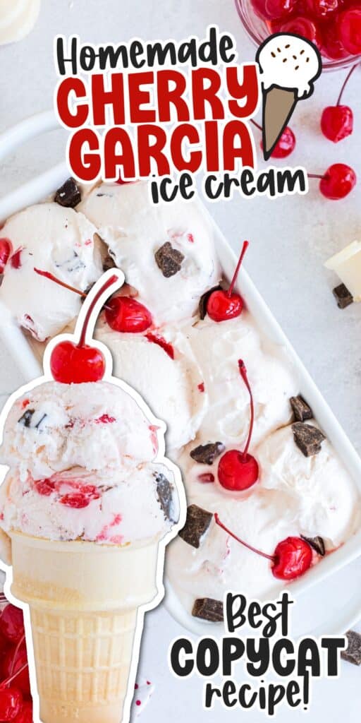 Homemade cherry garcia ice cream in a cone and in a loaf pan.