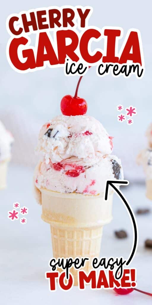 A cherry garcia ice cream cone with text overlay.