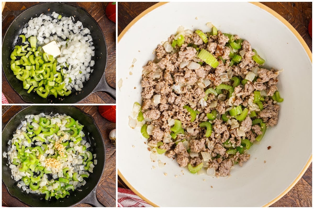 Adding onions and celery to the pan and sauté.