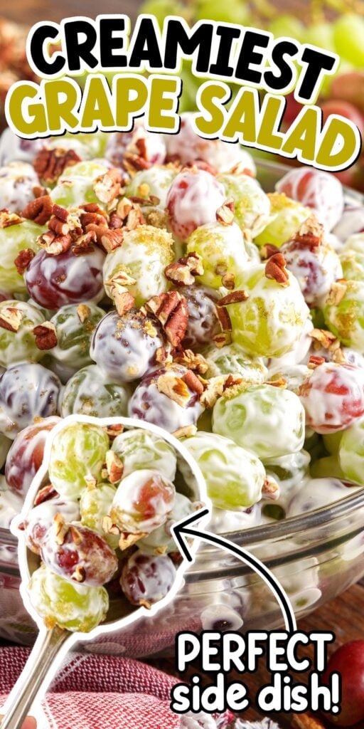 Bowl of Creamy Grape Salad with text overlay.