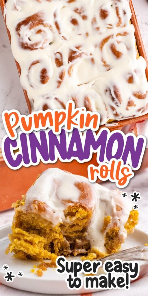 A slice of Pumpkin Spice Cinnamon Rolls on a plate, showing the inside, with text overlay.