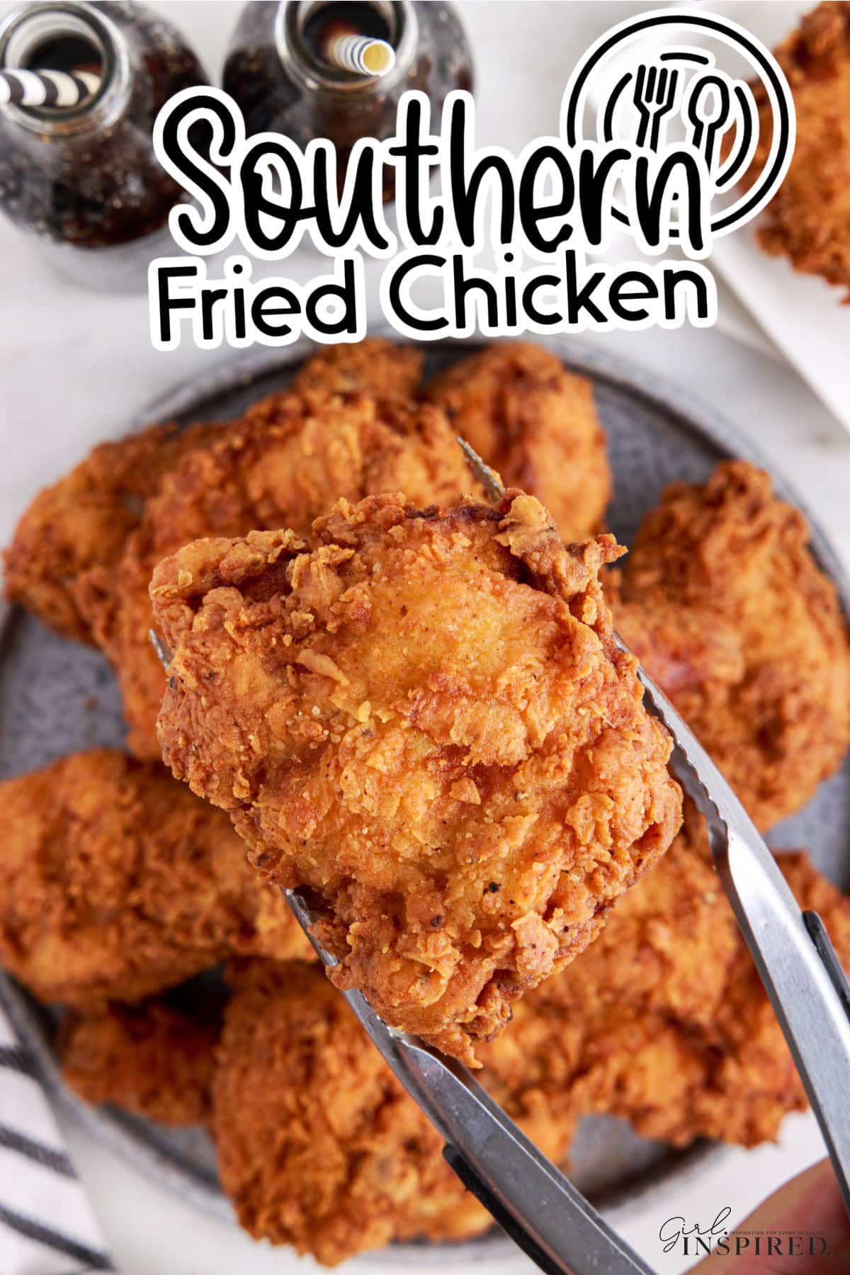 Plate of Southern Fried Chicken with text overlay.