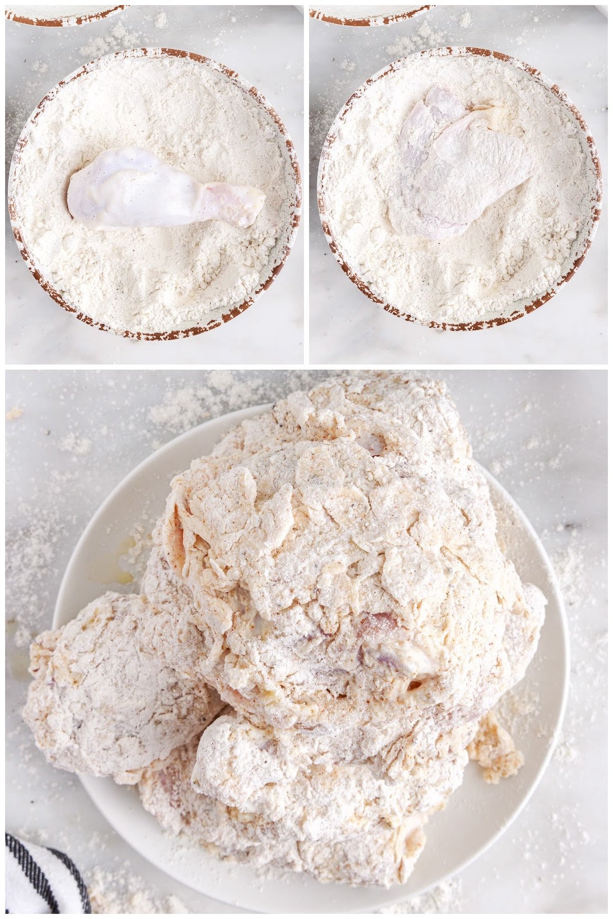 Coating the chicken in the flour mixture and buttermilk.