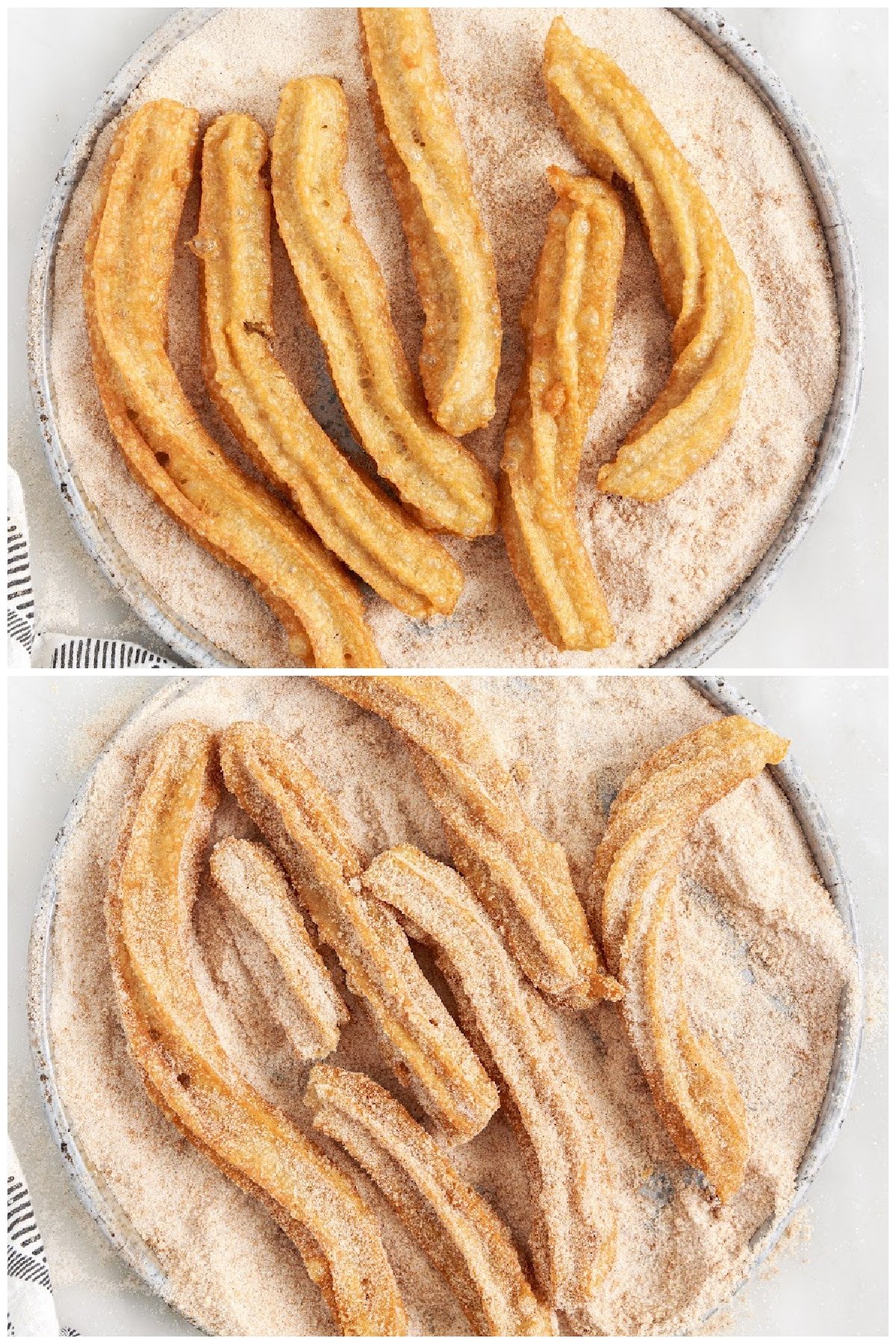 Sprinkling sugar and cinnamon over the warm churros until well coated.