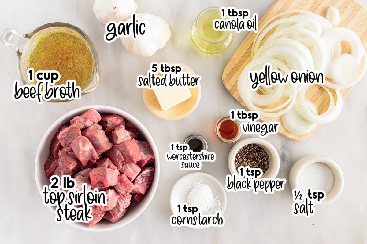 Individual ingredients needed to make crockpot steak bites, with text labels.