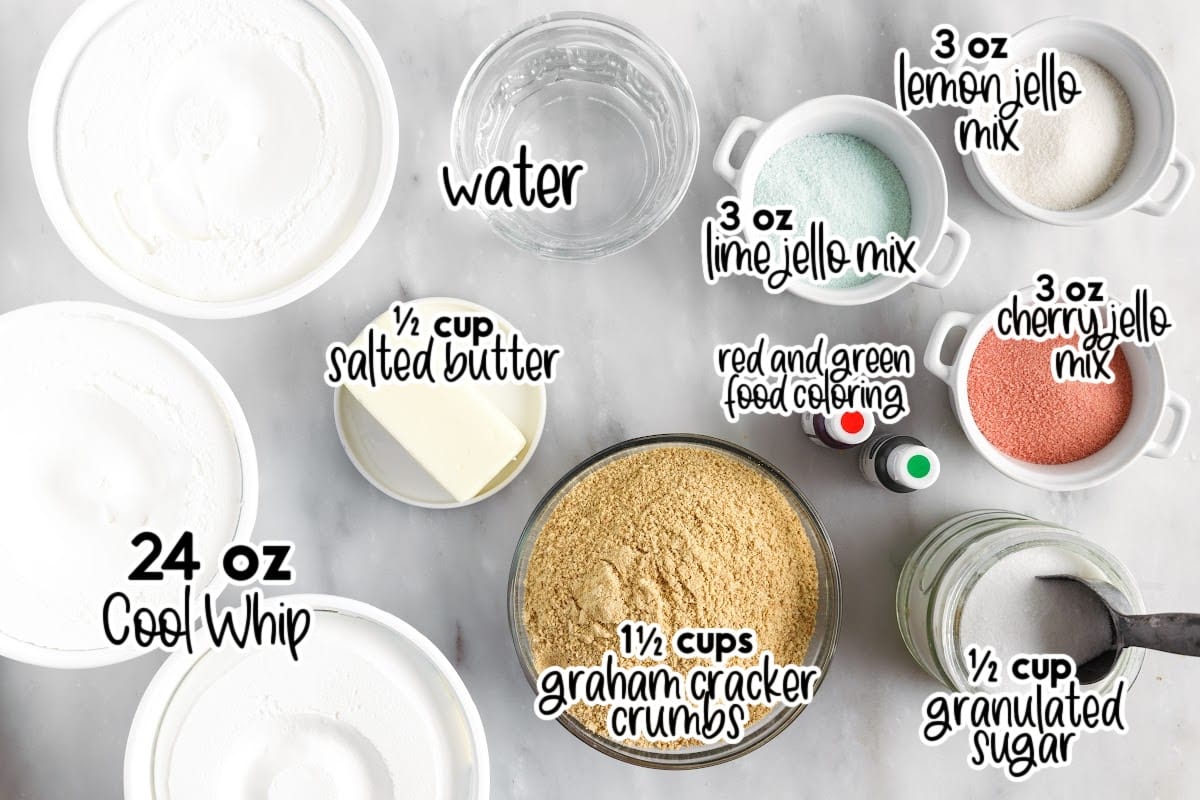 Ingredients needed to make layered jello pie with text labels.