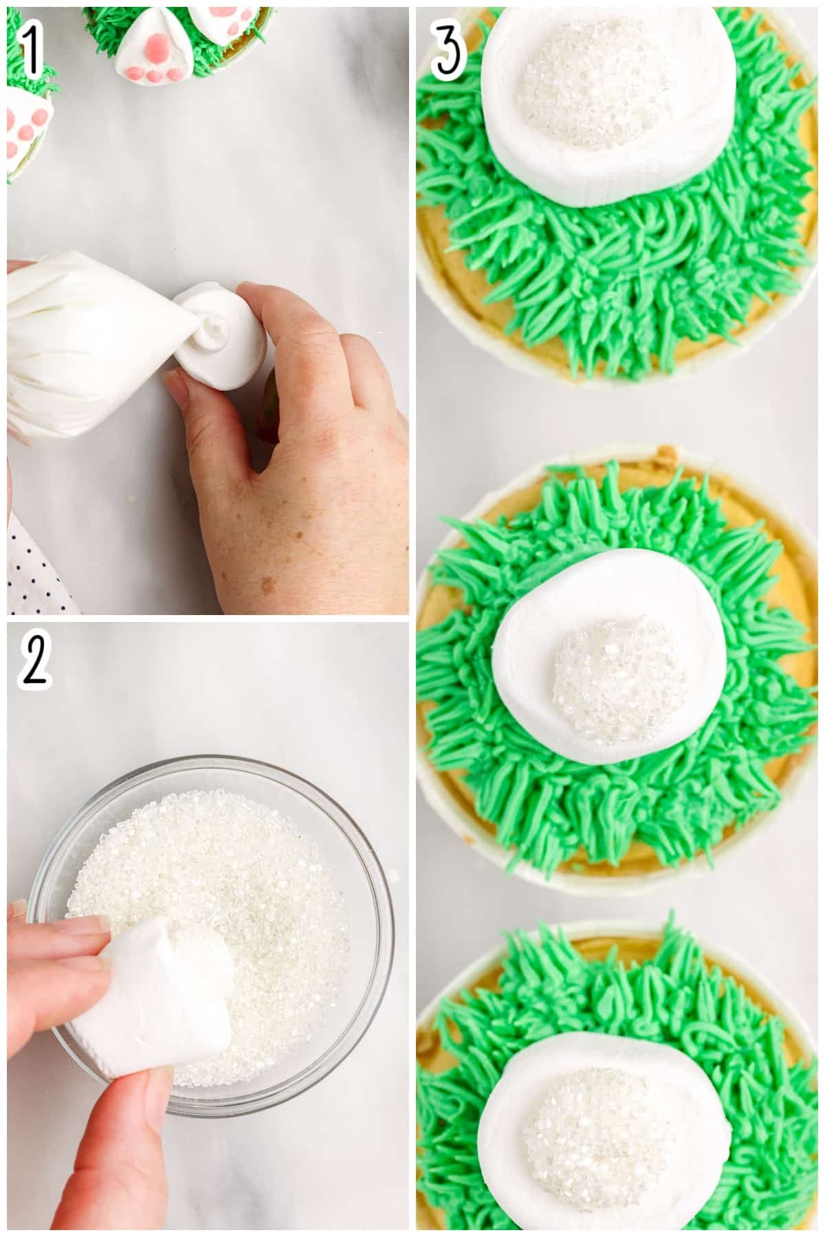 Placing the cut marshmallow into the frosting and then the coarse sugar for the bunny tail.