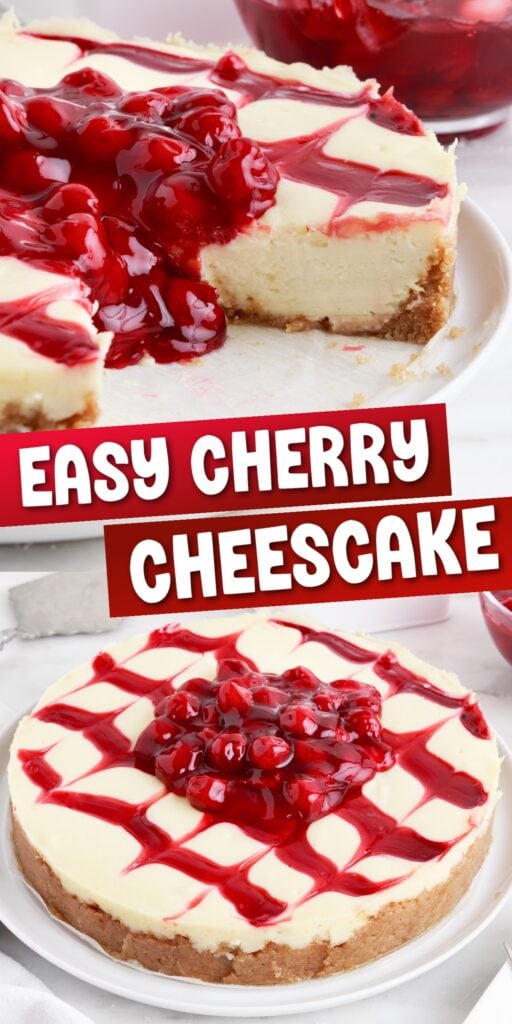 Top view of the Cherry Cheesecake showing the graham cracker crust, cheesecake filling and cherries oozing over the side, with text overlay.